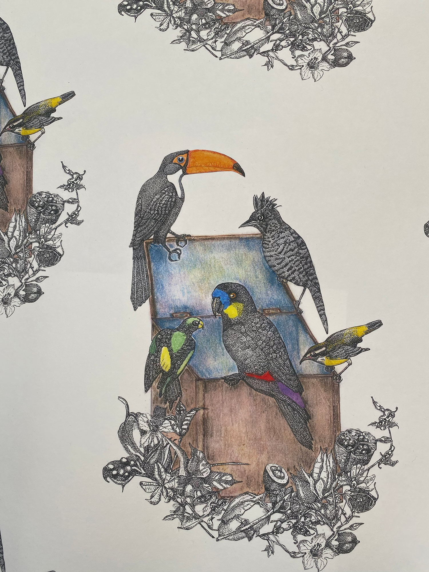 Birds in a unique wallpaper design