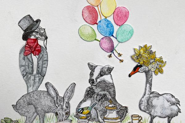 Exotic animals and balloons wallpaper design